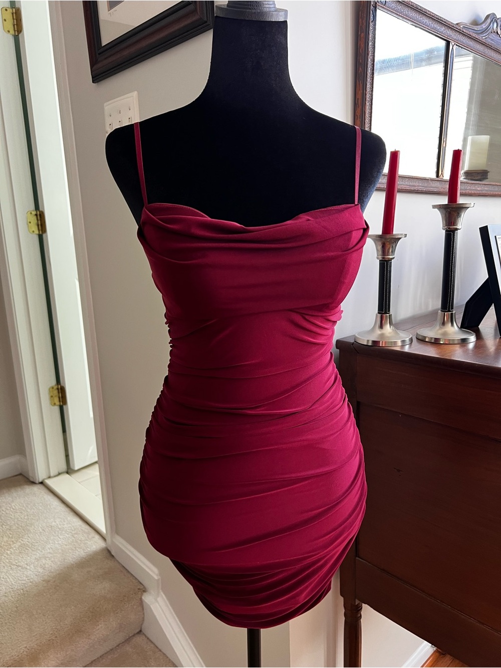 Emerald Sundae Burgundy Ruched Cowl Neck Bodycon Mini Dress XS